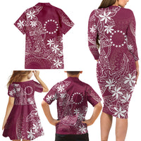 Maroon Kuki Airani Tapakau Family Matching Long Sleeve Bodycon Dress and Hawaiian Shirt Tribal Anchor Mix Tiare LT7 Mom's Dress Maroon - Polynesian Pride