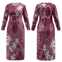 Maroon Kuki Airani Tapakau Family Matching Long Sleeve Bodycon Dress and Hawaiian Shirt Tribal Anchor Mix Tiare LT7 Mom's Dress Maroon - Polynesian Pride