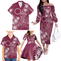 Maroon Kuki Airani Tapakau Family Matching Off The Shoulder Long Sleeve Dress and Hawaiian Shirt Tribal Anchor Mix Tiare LT7 - Polynesian Pride