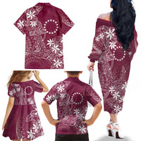 Maroon Kuki Airani Tapakau Family Matching Off The Shoulder Long Sleeve Dress and Hawaiian Shirt Tribal Anchor Mix Tiare LT7 Mom's Dress Maroon - Polynesian Pride