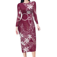 Maroon Kuki Airani Tapakau Long Sleeve Bodycon Dress Tribal Anchor Mix Tiare LT7 Long Dress Maroon - Polynesian Pride