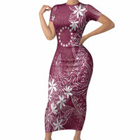 Maroon Kuki Airani Tapakau Short Sleeve Bodycon Dress Tribal Anchor Mix Tiare LT7 Long Dress Maroon - Polynesian Pride