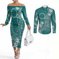 Teal Kuki Airani Tapakau Couples Matching Off The Shoulder Long Sleeve Dress and Long Sleeve Button Shirt Tribal Anchor Mix Tiare LT7 Teal - Polynesian Pride