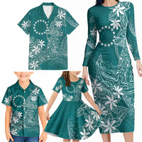 Teal Kuki Airani Tapakau Family Matching Long Sleeve Bodycon Dress and Hawaiian Shirt Tribal Anchor Mix Tiare LT7 - Polynesian Pride