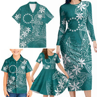 Teal Kuki Airani Tapakau Family Matching Long Sleeve Bodycon Dress and Hawaiian Shirt Tribal Anchor Mix Tiare LT7 - Polynesian Pride