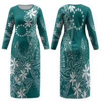 Teal Kuki Airani Tapakau Family Matching Long Sleeve Bodycon Dress and Hawaiian Shirt Tribal Anchor Mix Tiare LT7 Mom's Dress Teal - Polynesian Pride