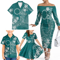 Teal Kuki Airani Tapakau Family Matching Off The Shoulder Long Sleeve Dress and Hawaiian Shirt Tribal Anchor Mix Tiare LT7 - Polynesian Pride