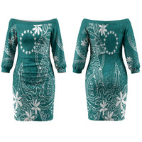 Teal Kuki Airani Tapakau Family Matching Off The Shoulder Long Sleeve Dress and Hawaiian Shirt Tribal Anchor Mix Tiare LT7 Mom's Dress Teal - Polynesian Pride