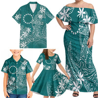 Teal Kuki Airani Tapakau Family Matching Off Shoulder Maxi Dress and Hawaiian Shirt Tribal Anchor Mix Tiare LT7 - Polynesian Pride