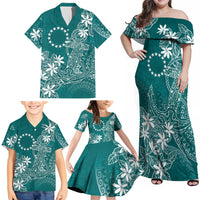 Teal Kuki Airani Tapakau Family Matching Off Shoulder Maxi Dress and Hawaiian Shirt Tribal Anchor Mix Tiare