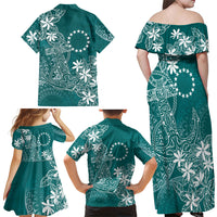 Teal Kuki Airani Tapakau Family Matching Off Shoulder Maxi Dress and Hawaiian Shirt Tribal Anchor Mix Tiare LT7 Mom's Dress Teal - Polynesian Pride