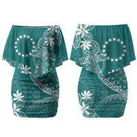 Teal Kuki Airani Tapakau Family Matching Off Shoulder Short Dress and Hawaiian Shirt Tribal Anchor Mix Tiare LT7 Mom's Dress Teal - Polynesian Pride