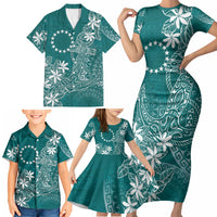 Teal Kuki Airani Tapakau Family Matching Short Sleeve Bodycon Dress and Hawaiian Shirt Tribal Anchor Mix Tiare LT7 - Polynesian Pride