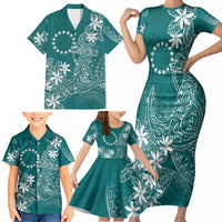 Teal Kuki Airani Tapakau Family Matching Short Sleeve Bodycon Dress and Hawaiian Shirt Tribal Anchor Mix Tiare LT7 - Polynesian Pride