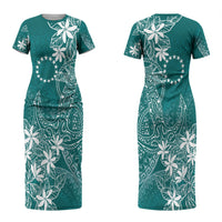 Teal Kuki Airani Tapakau Family Matching Short Sleeve Bodycon Dress and Hawaiian Shirt Tribal Anchor Mix Tiare LT7 Mom's Dress Teal - Polynesian Pride