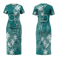 Teal Kuki Airani Tapakau Family Matching Short Sleeve Bodycon Dress and Hawaiian Shirt Tribal Anchor Mix Tiare LT7 Mom's Dress Teal - Polynesian Pride