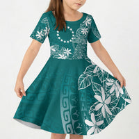 Teal Kuki Airani Tapakau Kid Short Sleeve Dress Tribal Anchor Mix Tiare LT7 KID Teal - Polynesian Pride