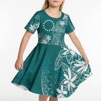 Teal Kuki Airani Tapakau Kid Short Sleeve Dress Tribal Anchor Mix Tiare LT7 - Polynesian Pride