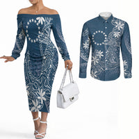 Navy Kuki Airani Tapakau Couples Matching Off The Shoulder Long Sleeve Dress and Long Sleeve Button Shirt Tribal Anchor Mix Tiare LT7 Navy - Polynesian Pride