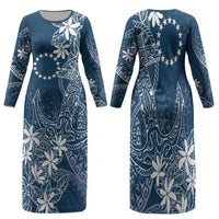 Navy Kuki Airani Tapakau Family Matching Long Sleeve Bodycon Dress and Hawaiian Shirt Tribal Anchor Mix Tiare LT7 Mom's Dress Navy - Polynesian Pride