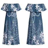 Navy Kuki Airani Tapakau Family Matching Off Shoulder Maxi Dress and Hawaiian Shirt Tribal Anchor Mix Tiare LT7 Mom's Dress Navy - Polynesian Pride