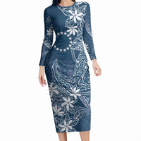 Navy Kuki Airani Tapakau Long Sleeve Bodycon Dress Tribal Anchor Mix Tiare LT7 Long Dress Navy - Polynesian Pride