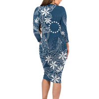 Navy Kuki Airani Tapakau Long Sleeve Bodycon Dress Tribal Anchor Mix Tiare LT7 - Polynesian Pride