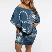 Navy Kuki Airani Tapakau Off Shoulder Short Dress Tribal Anchor Mix Tiare LT7 Women Navy - Polynesian Pride