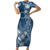 Navy Kuki Airani Tapakau Short Sleeve Bodycon Dress Tribal Anchor Mix Tiare LT7 Long Dress Navy - Polynesian Pride