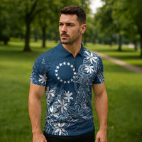 Navy Kuki Airani Tapakau Zipper Polo Shirt Tribal Anchor Mix Tiare