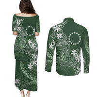 Sage Green Kuki Airani Tapakau Couples Matching Puletasi and Long Sleeve Button Shirt Tribal Anchor Mix Tiare