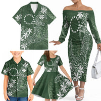 Sage Green Kuki Airani Tapakau Family Matching Off The Shoulder Long Sleeve Dress and Hawaiian Shirt Tribal Anchor Mix Tiare LT7 - Polynesian Pride