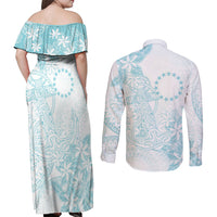 Turquoise Kuki Airani Tapakau Couples Matching Off Shoulder Maxi Dress and Long Sleeve Button Shirt Tribal Anchor Mix Tiare