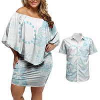 Turquoise Kuki Airani Tapakau Couples Matching Off Shoulder Short Dress and Hawaiian Shirt Tribal Anchor Mix Tiare LT7 Turquoise - Polynesian Pride