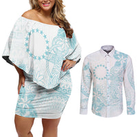 Turquoise Kuki Airani Tapakau Couples Matching Off Shoulder Short Dress and Long Sleeve Button Shirt Tribal Anchor Mix Tiare