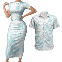Turquoise Kuki Airani Tapakau Couples Matching Short Sleeve Bodycon Dress and Hawaiian Shirt Tribal Anchor Mix Tiare LT7 Turquoise - Polynesian Pride