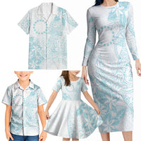 Turquoise Kuki Airani Tapakau Family Matching Long Sleeve Bodycon Dress and Hawaiian Shirt Tribal Anchor Mix Tiare LT7 - Polynesian Pride