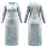 Turquoise Kuki Airani Tapakau Family Matching Long Sleeve Bodycon Dress and Hawaiian Shirt Tribal Anchor Mix Tiare LT7 Mom's Dress Turquoise - Polynesian Pride