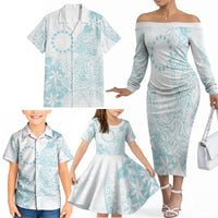 Turquoise Kuki Airani Tapakau Family Matching Off The Shoulder Long Sleeve Dress and Hawaiian Shirt Tribal Anchor Mix Tiare LT7 - Polynesian Pride