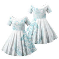 Turquoise Kuki Airani Tapakau Family Matching Short Sleeve Bodycon Dress and Hawaiian Shirt Tribal Anchor Mix Tiare LT7 Daughter's Dress Turquoise - Polynesian Pride
