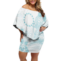 Turquoise Kuki Airani Tapakau Off Shoulder Short Dress Tribal Anchor Mix Tiare