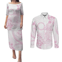 Candy Pink Kuki Airani Tapakau Couples Matching Puletasi and Long Sleeve Button Shirt Tribal Anchor Mix Tiare