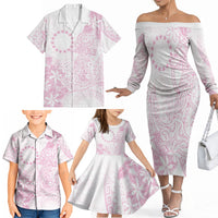 Candy Pink Kuki Airani Tapakau Family Matching Off The Shoulder Long Sleeve Dress and Hawaiian Shirt Tribal Anchor Mix Tiare LT7 - Polynesian Pride