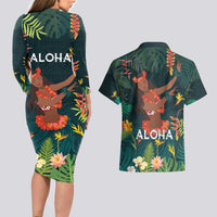 Hawaii Hula Girl Vintage Couples Matching Long Sleeve Bodycon Dress and Hawaiian Shirt Tropical Forest
