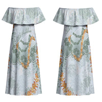 Hawaii Kaho'olawe Island Flowers Lei Family Matching Off Shoulder Maxi Dress and Hawaiian Shirt Silver Hinahina Kū Kahakai LT7 Mom's Dress Silver - Polynesian Pride