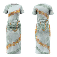 Hawaii Kaho'olawe Island Flowers Lei Family Matching Short Sleeve Bodycon Dress and Hawaiian Shirt Silver Hinahina Kū Kahakai LT7 Mom's Dress Silver - Polynesian Pride