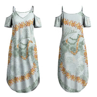 Hawaii Kaho'olawe Island Flowers Lei Family Matching Summer Maxi Dress and Hawaiian Shirt Silver Hinahina Kū Kahakai LT7 Mom's Dress Silver - Polynesian Pride