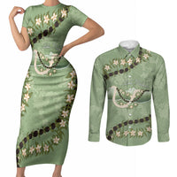 Hawaii Molokai Island Flowers Lei Couples Matching Short Sleeve Bodycon Dress and Long Sleeve Button Shirt Kukui Nut Mossy Green LT7 Moss Green - Polynesian Pride