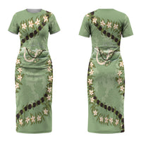 Hawaii Molokai Island Flowers Lei Couples Matching Short Sleeve Bodycon Dress and Long Sleeve Button Shirt Kukui Nut Mossy Green LT7 - Polynesian Pride