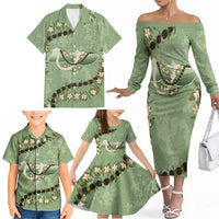 Hawaii Molokai Island Flowers Lei Family Matching Off The Shoulder Long Sleeve Dress and Hawaiian Shirt Kukui Nut Mossy Green LT7 - Polynesian Pride